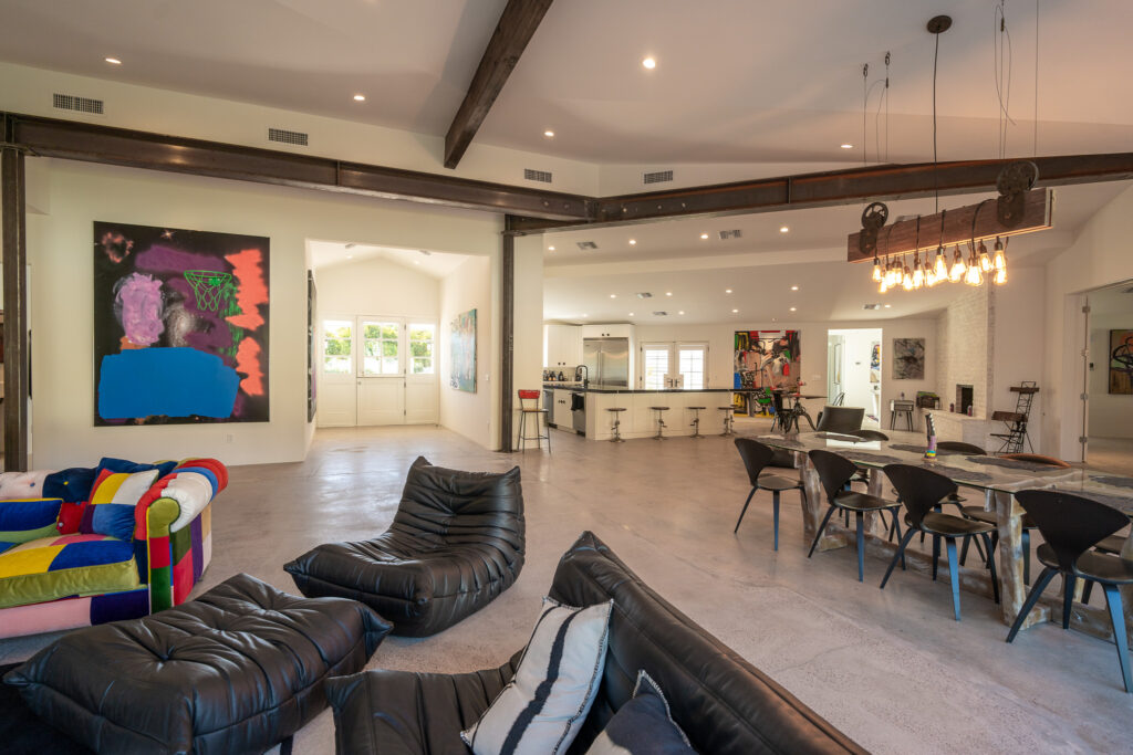 Living room looking toward the dining area and open kitchen